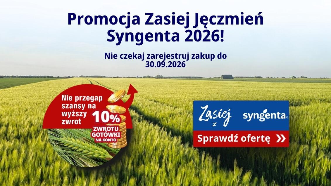 Baner promocyjny: „Promocja Zasiej Jęczmień Syngenta 2026” na tle pola zbóż.