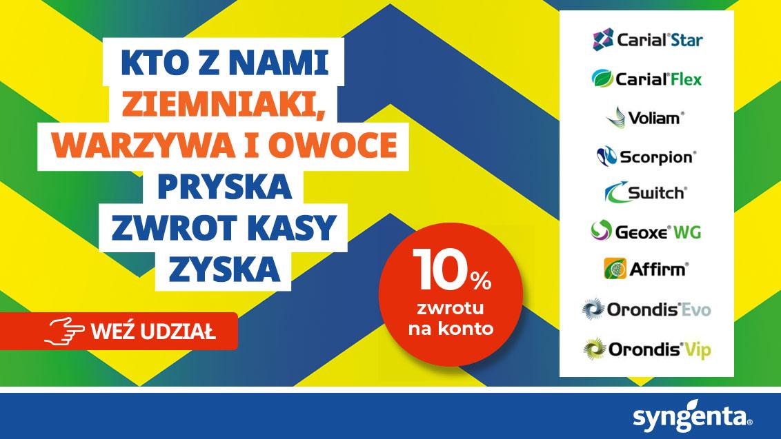 Grafika promocyjna Syngenta: „Kto z nami ziemniaki warzywa i owoce…”, lista produktów, -10% na konto.
