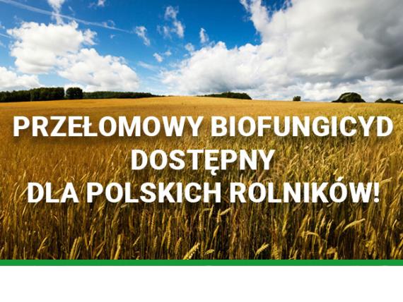 Baner z polem zboża i chmurami, tekst: „Przełomowy biofungicyd dostępny dla polskich rolników!”
