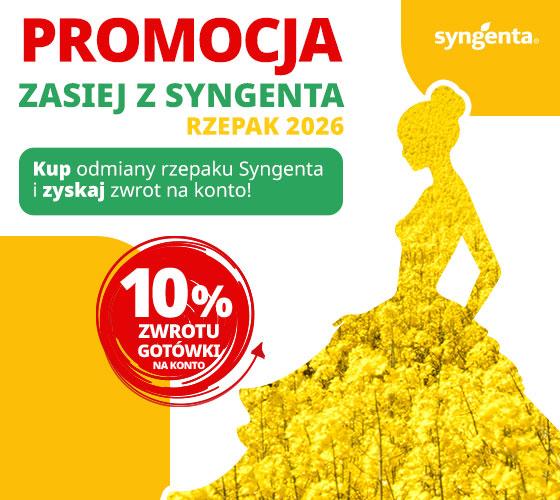 Reklama Syngenta: promocja zwrot 10%, sylwetka kobiety w złotej sukni na żółtym tlerzepak