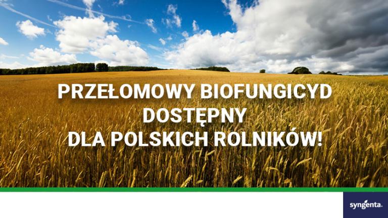 Baner z polem zboża i chmurami, tekst: „Przełomowy biofungicyd dostępny dla polskich rolników!”