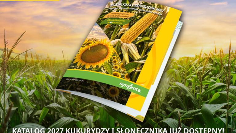 Reklama katalogu 2027 na tle pola kukurydzy, z hasłem o dostępności online.