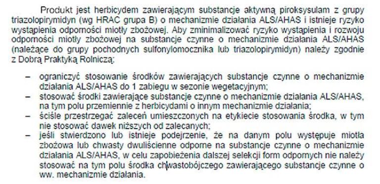 Fragment etykiety jednego z produktów z grupy HRAC B
