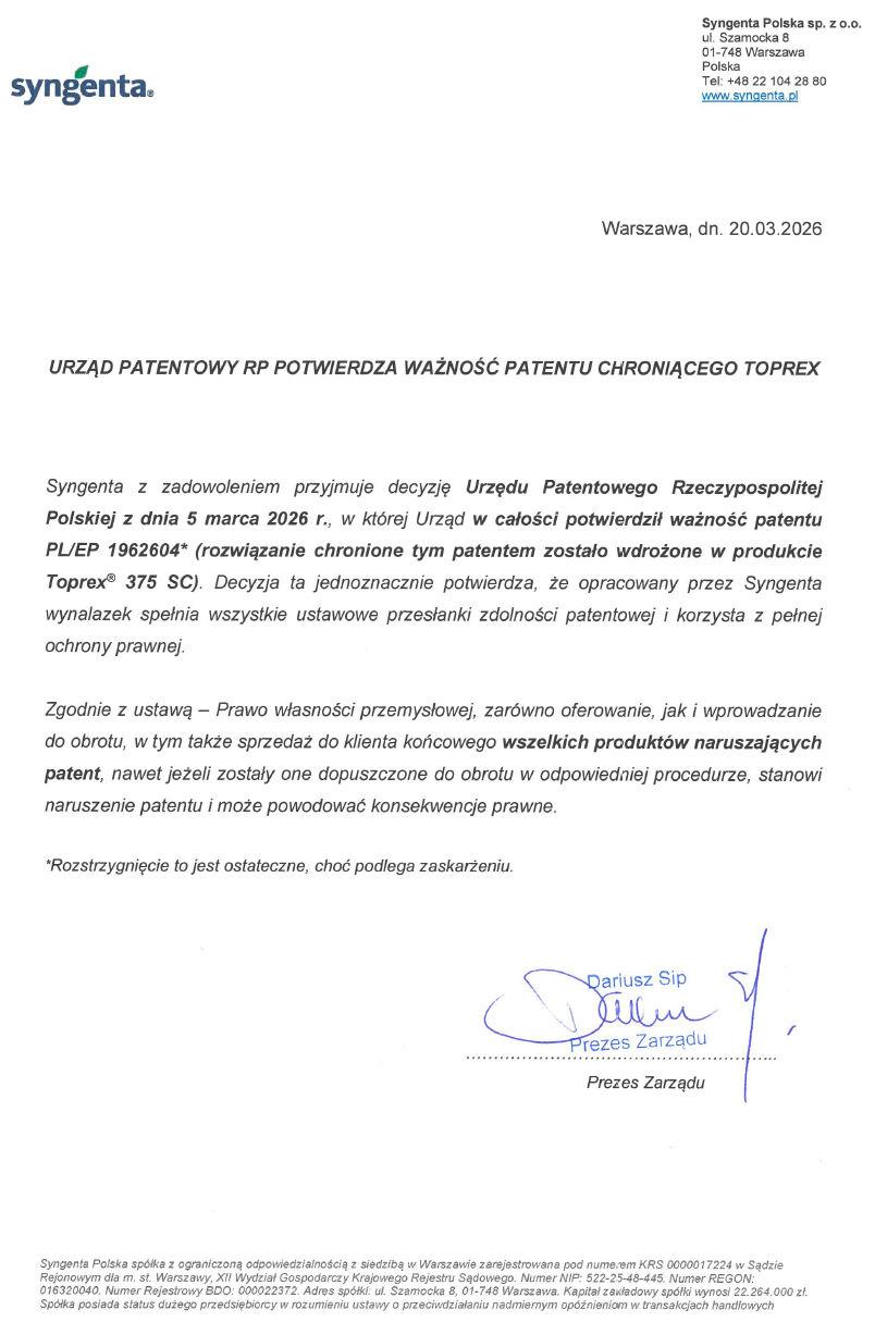 Urząd Patentowy RP potwierdza ważność patentu chroniącego TOPREX® - pismo