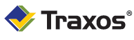 Logo Traxos z żółto-niebieskim znakiem i czarnym napisem
