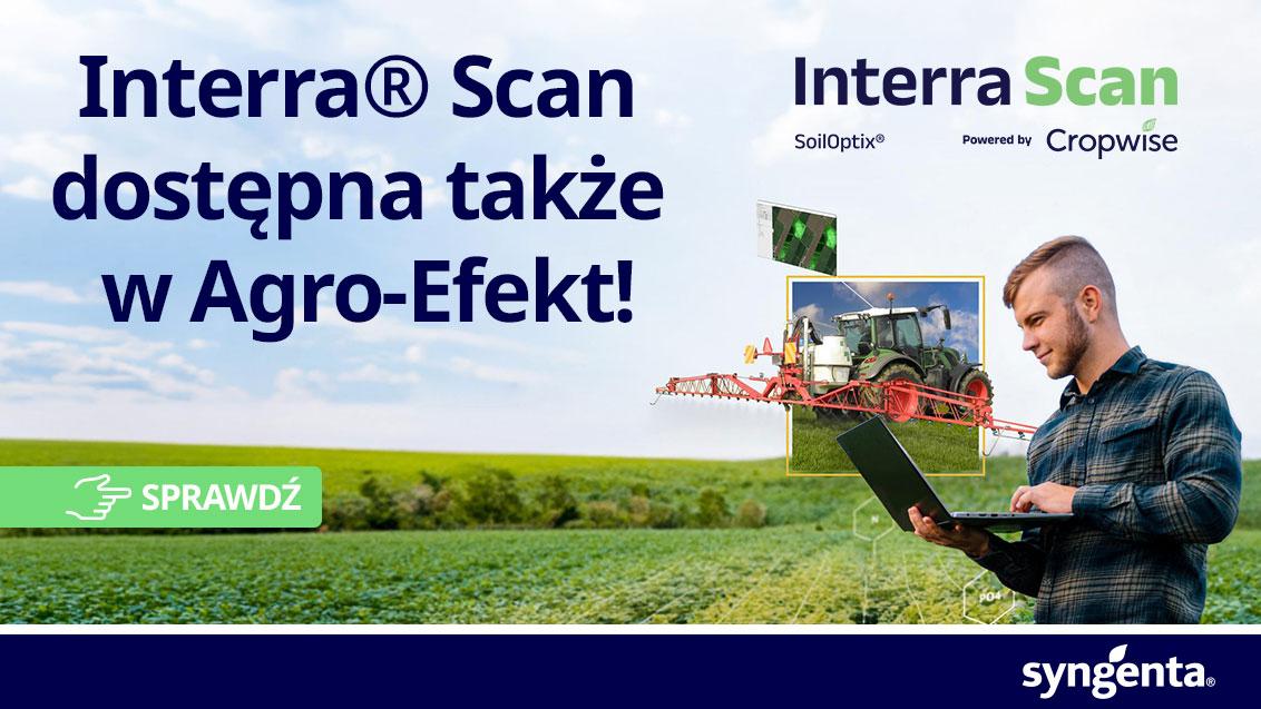 Baner reklamowy Syngenta: Interra Scan, rolnik z tabletem na polu, traktor w tle